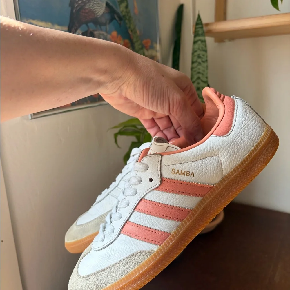 adidas Samba White with Coral/Pale Pink Stripes and Gum Sole - Picture 6 of 9